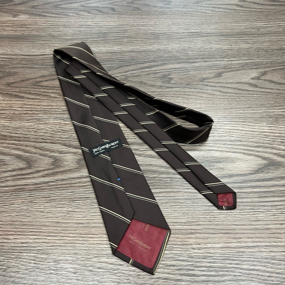 Yves Saint Laurent YSL Brown w/ Tan & White Stripe Tie - Picture 2 of 4